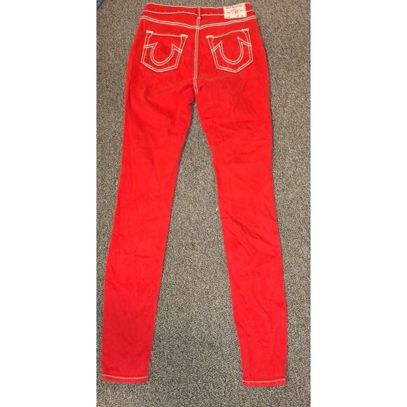 True Religion Jennie Curvy Skinny Jeans Size 28 Red Big T Stitch Low Rise Y2K - Picture 3 of 5